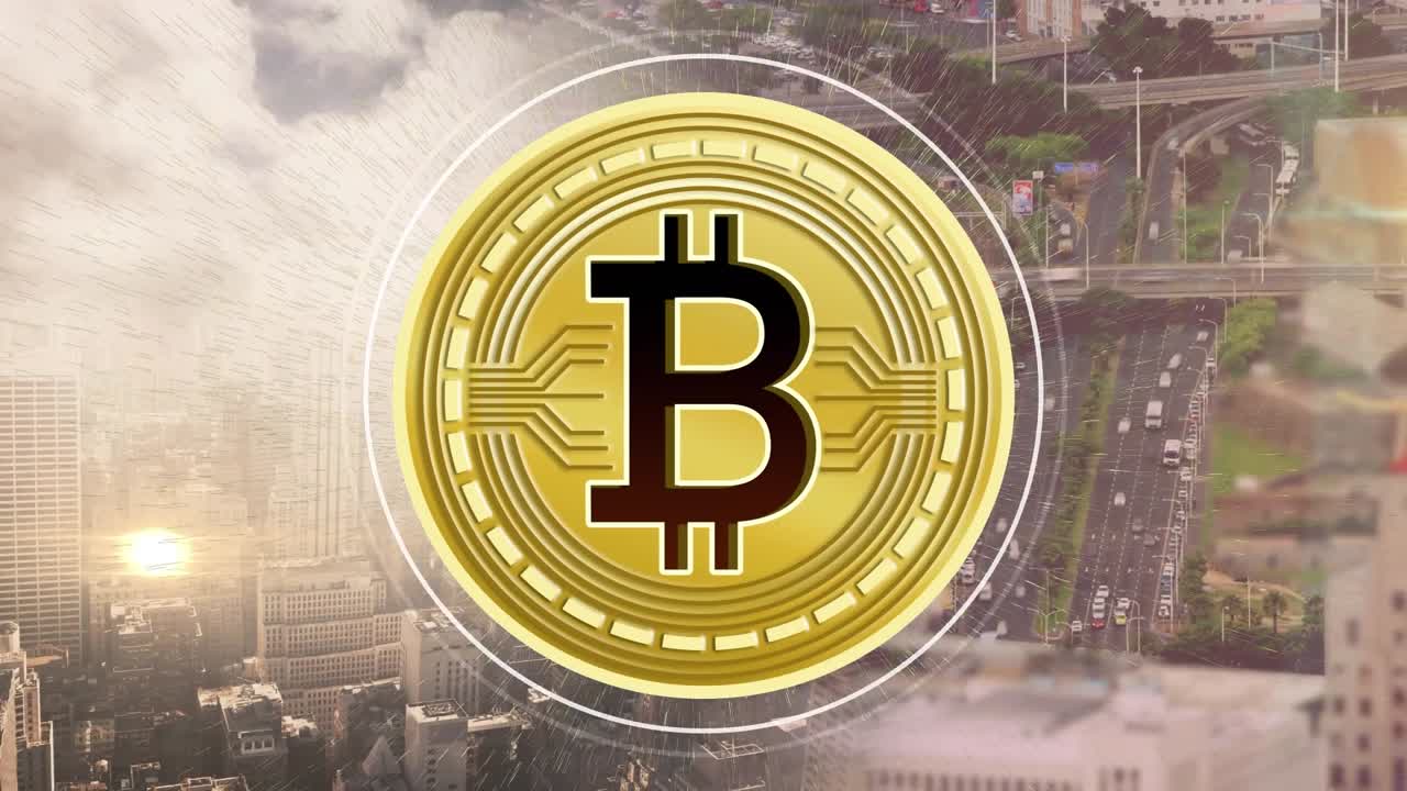 Animazione del simbolo del bitcoin che brilla sul paesaggio urbano