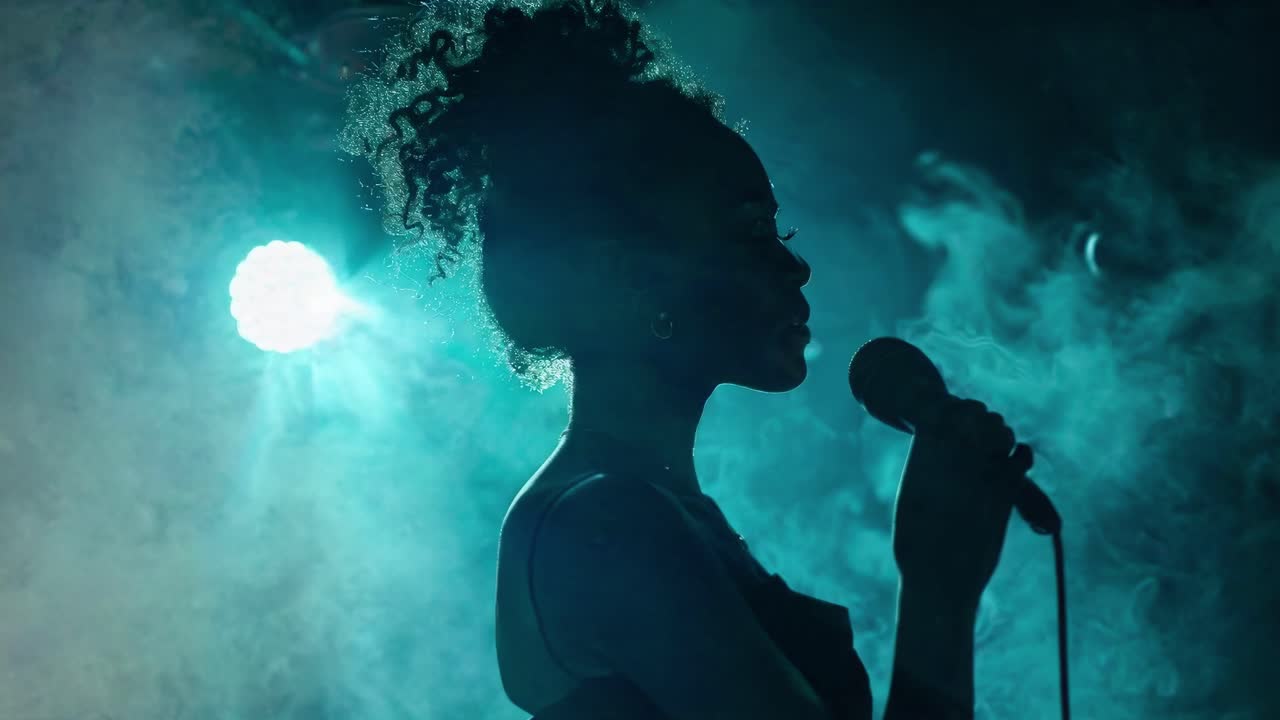 Silhouette of a singer in profile against smoky blue light, captured from a side angle