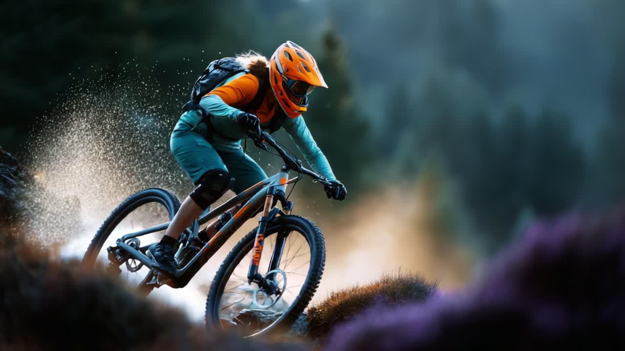 Dynamic Mountain Biking Adventure: A Female Rider Skillfully Navigates Rocky Terrain, Kicking Up Dust and Water Spray in a Stunning Natural Landscape