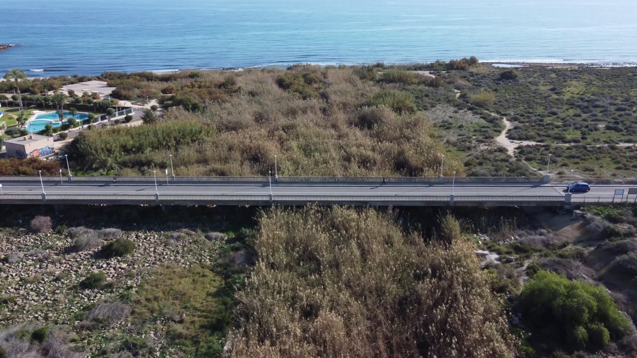 Aerial view of the dry Montnegre river mouth, El Campello, Spain