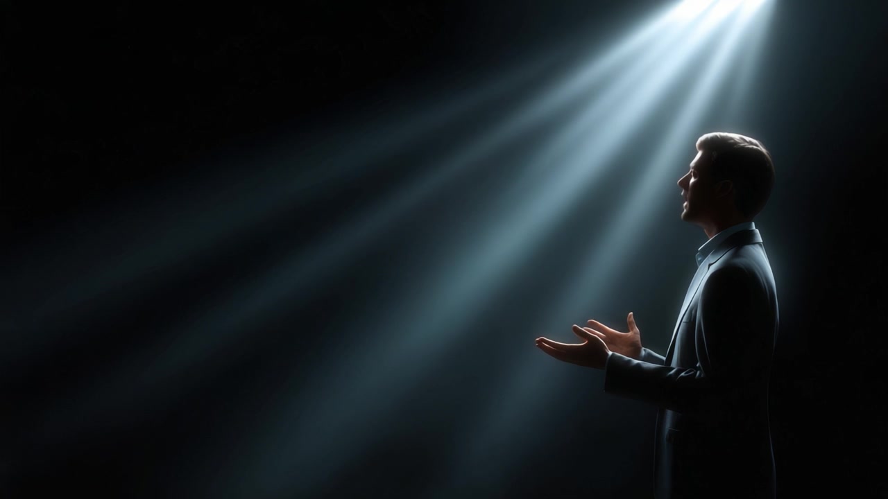 A contemplative figure stands in illuminated rays, expressing thoughts and emotions through body language in a dramatic spotlighted scene against a dark backdrop.