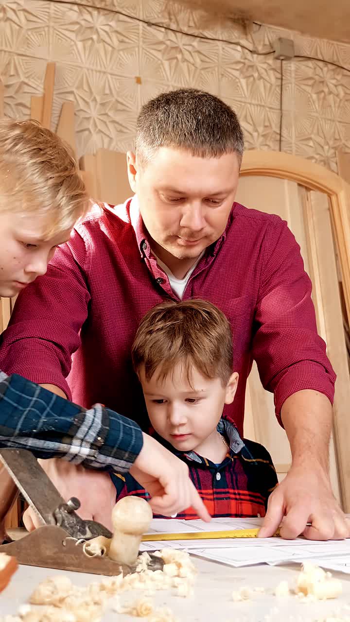Adult male woodworking instructor guides two young boys in hands-on carpentry project, showcasing teamwork and skill development in a workshop environment