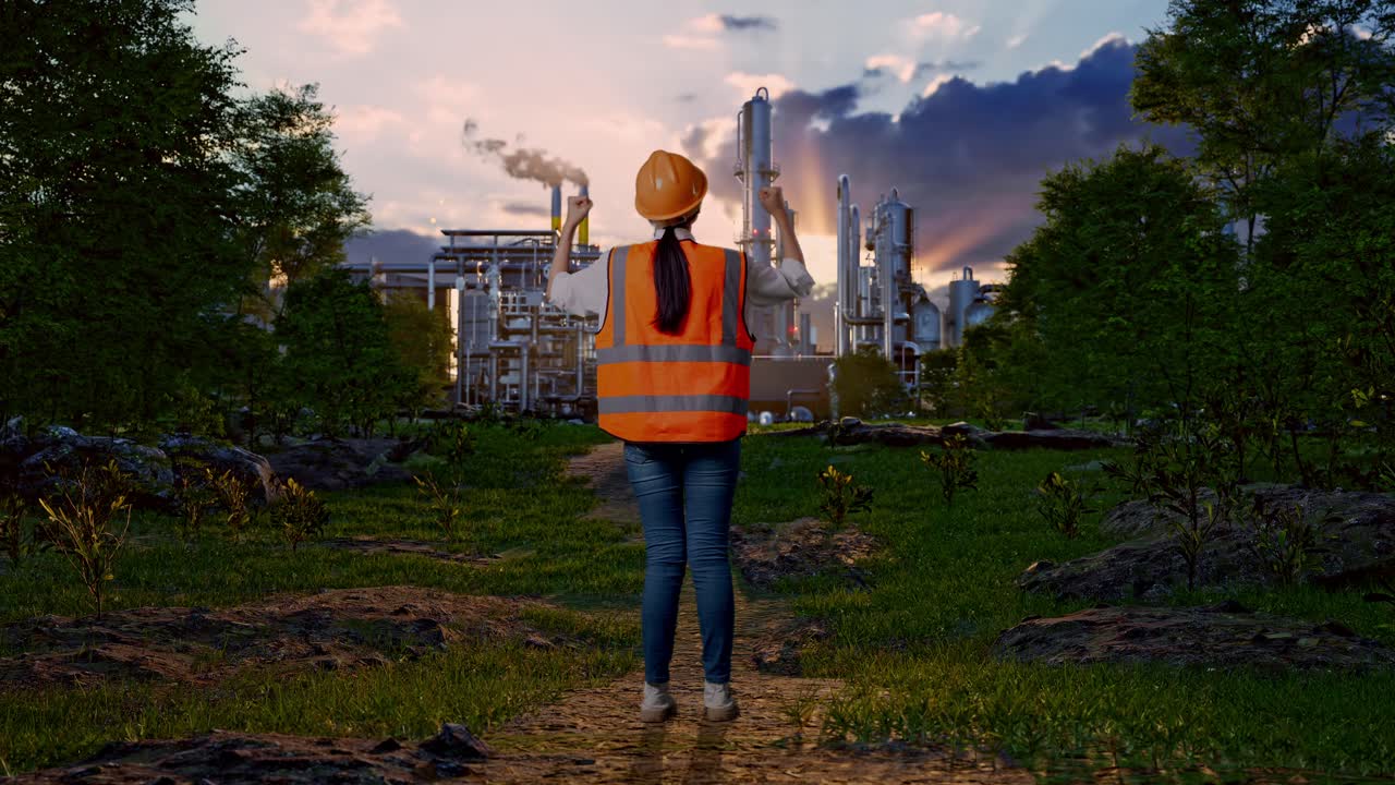 Full Body Back View Of A Female Engineer With Safety Helmet Raising Her Hands Celebrating While Working In Front Of Oil Refinery