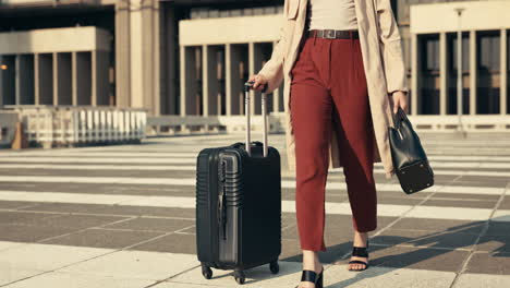 legs, woman and walking with suitcase for business