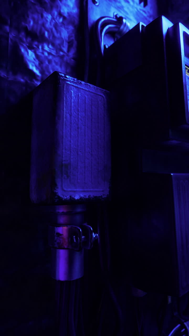 Electric meters in a dimly lit underground space with blue lighting