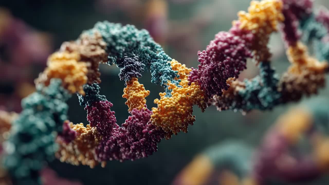 Stunning Visualization of DNA Structure Highlighting Colorful Nucleotide Compositions and Molecular Interactions in a 3D Environment