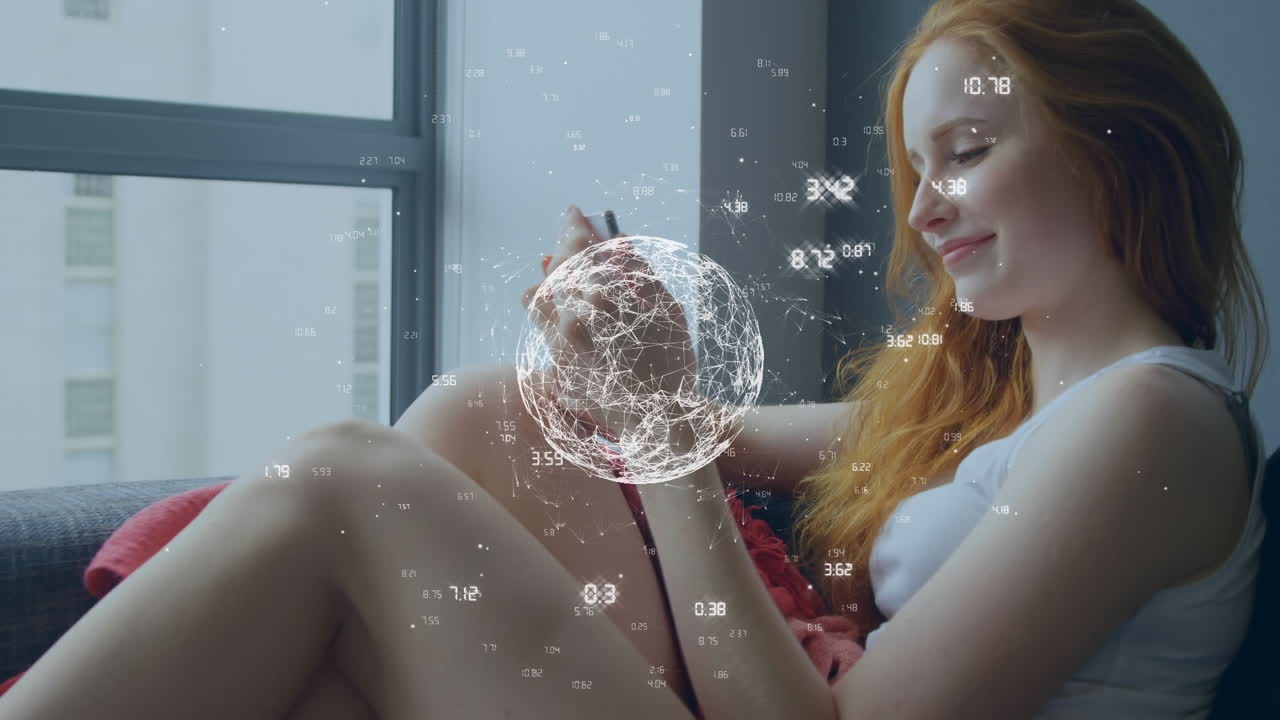анимация цифрового глобуса и обработка данных над женщиной с помощью смартфона