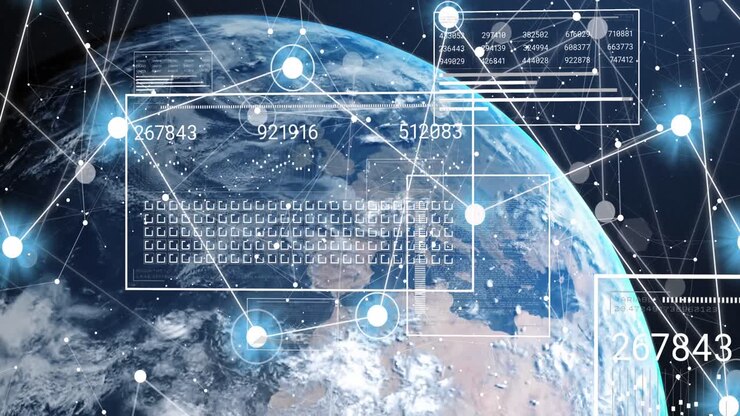 Animation of network of connections and data processing over globe on black background