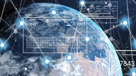 animation of network of connections and data processing over globe on black background