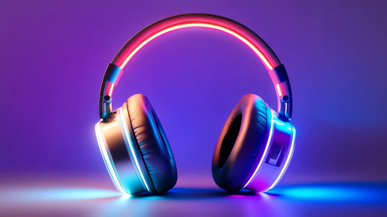 Neon-colored headphones display. High-quality headphones illuminated with vibrant neon lights showcase modern design and technology.