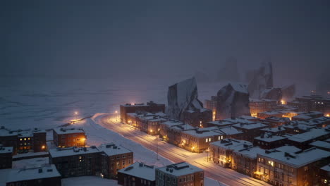 arctic town at night under a blanket of snow