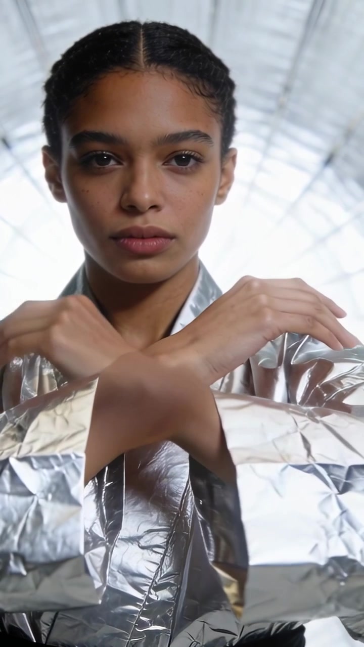 Vertical video: Holding hands stacked model sweeping arms for camera near skylight silver wrap