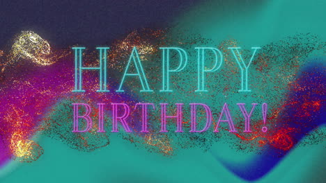 animación de texto de feliz cumpleaños sobre partículas patrón abstracto contra fondo azul