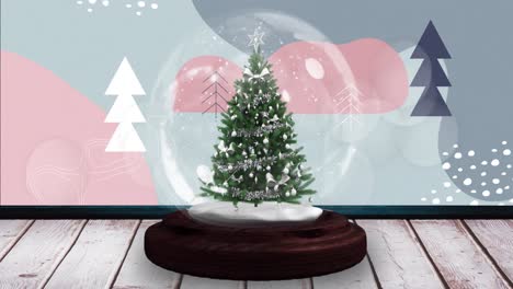 animación de nieve cayendo y manchas brillantes sobre el globo de nieve con árbol en fondo gris