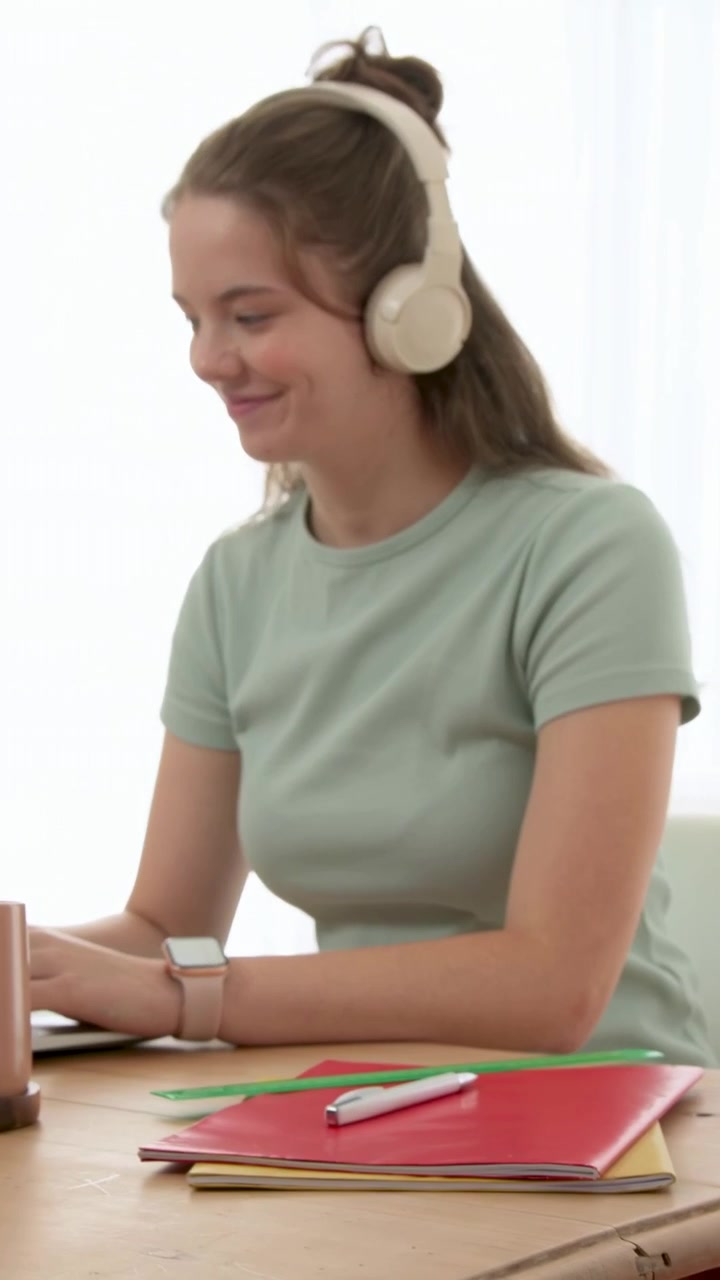Video vertical: Mujer con camiseta verde estirándose, poniéndose auriculares y escribiendo en un portátil en casa para trabajar.