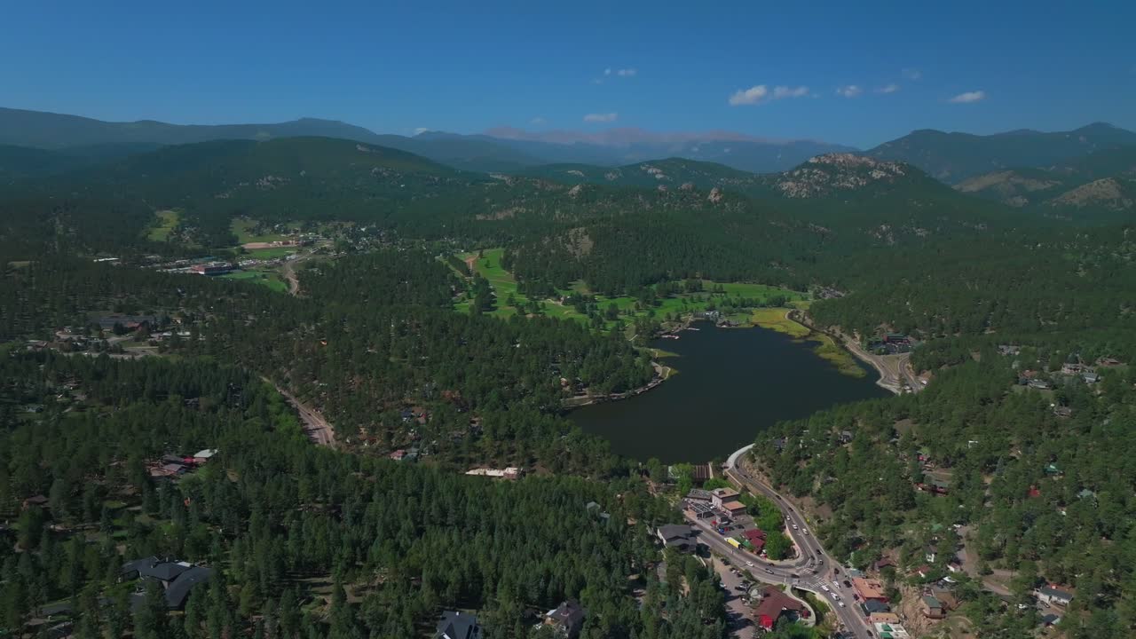 Summer Evergreen Lake Colorado USA aerial drone Dam Golf Course Lake House highway road cars sunny Mount Blue Sky Evans Three Sisters hiking trail loop Rocky Mountains town Denver front range circle