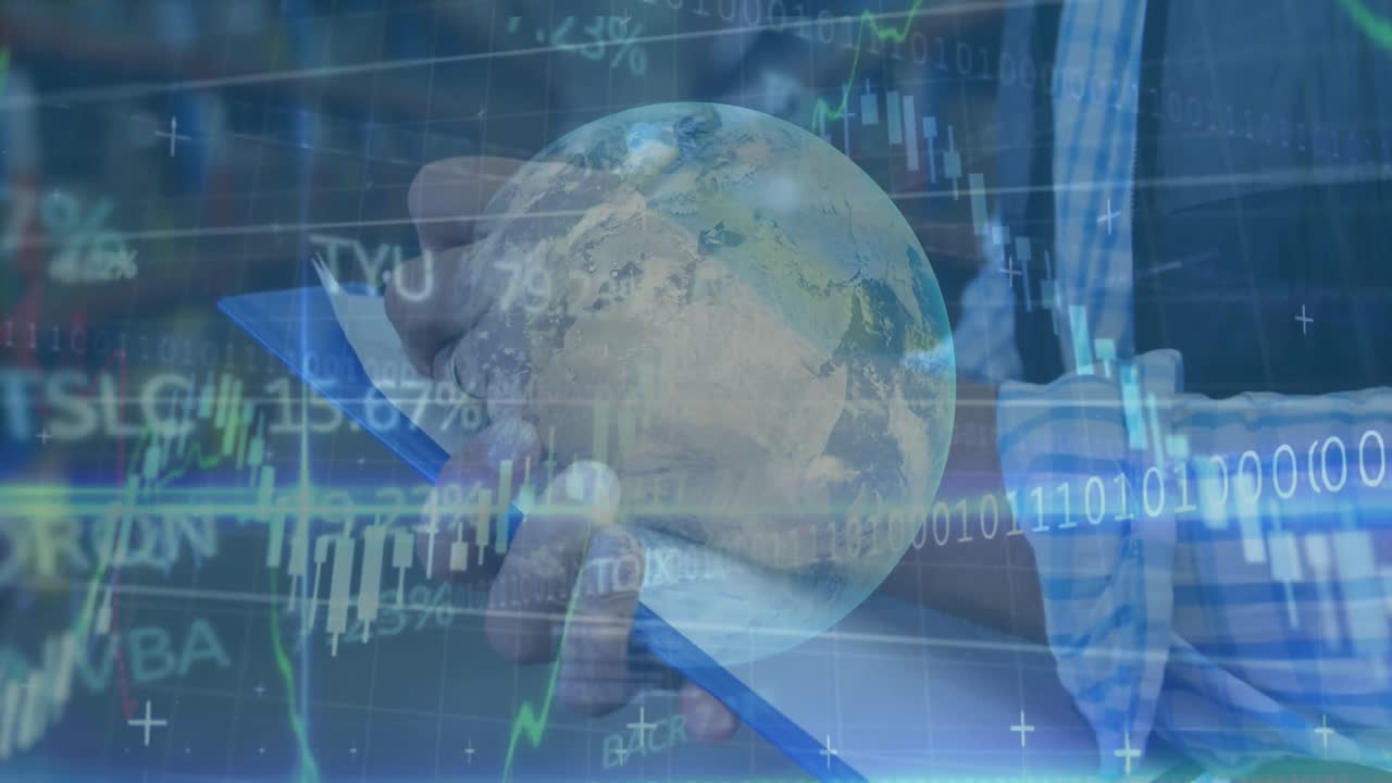 Animación de procesamiento de datos financieros sobre globo terráqueo y empresario escribiendo