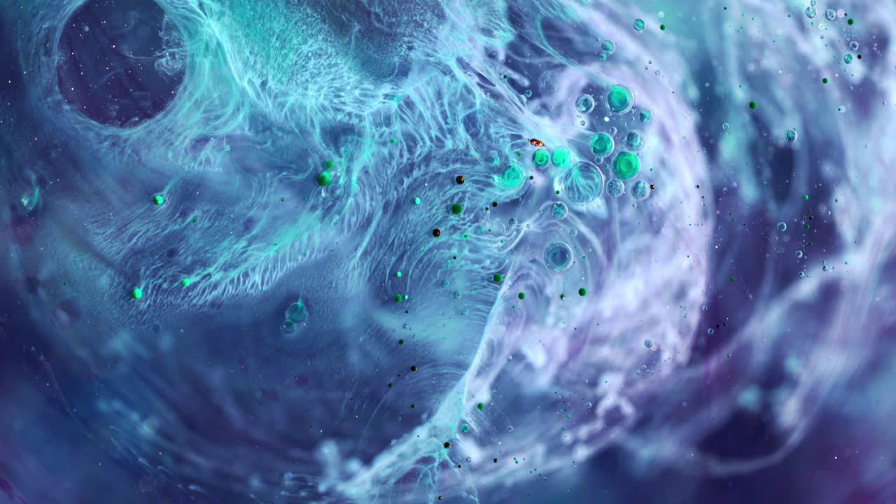 partículas líquidas acrílicas de arte fluido abstracto colorido que giran alrededor de macroburbujas con efecto de flujo de galaxia de tinta de mármol psicodélico