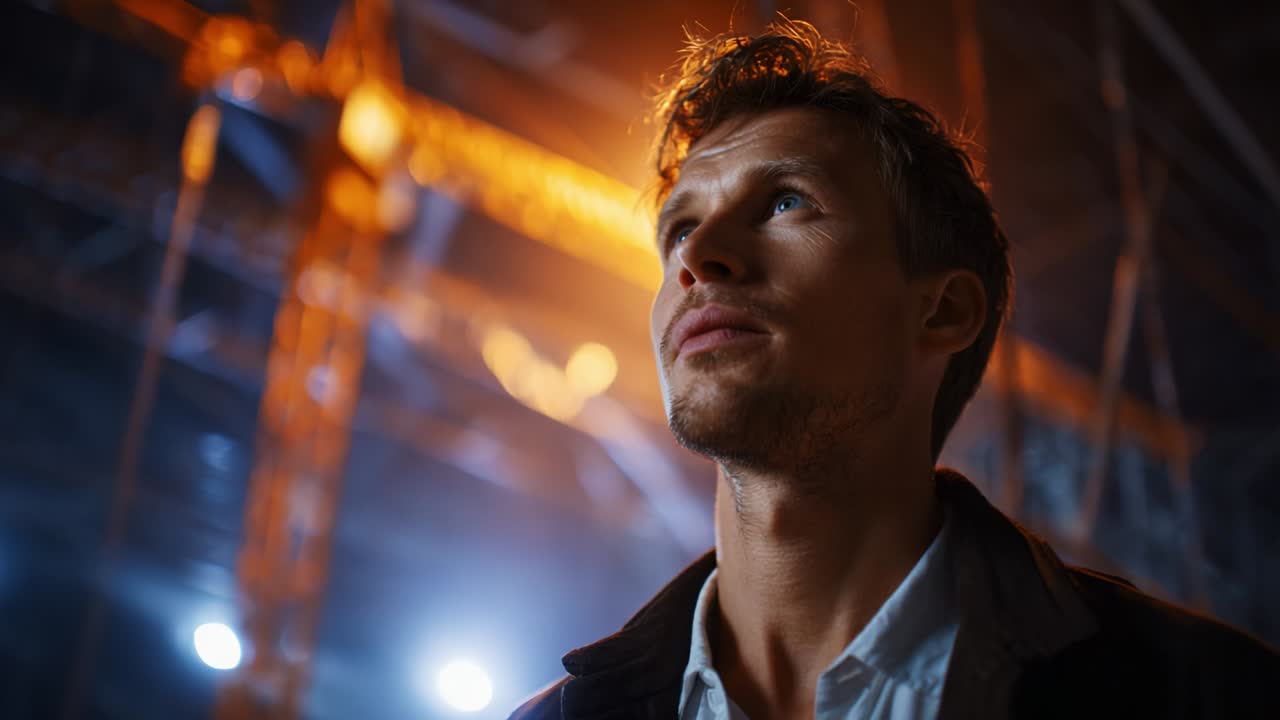A contemplative young man gazes upward in a dimly lit environment, illuminated by soft ambient light, creating a dramatic atmosphere that highlights his thoughtful expression and unique features