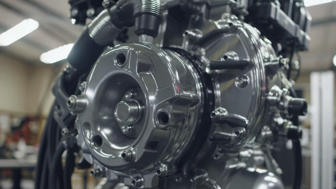 Close-up video of a shiny, metallic engine part, captured from a low angle, highlighting intricate