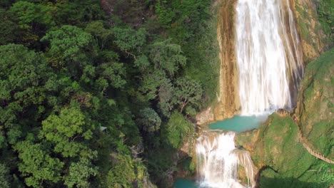 aerial shot of the velo de novia waterfall in the chiflon park, chiapas