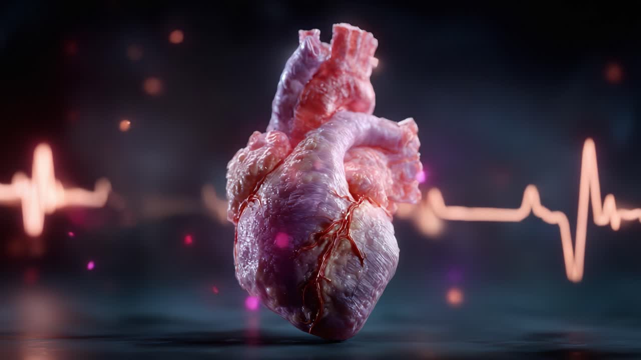 An Artistically Rendered Human Heart with Visible Vessels and a Pulsating Heartbeat Graph in the Background, Depicting Life and Vitality in Medical Illustration