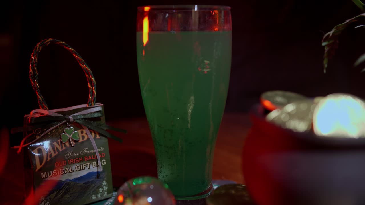 Festive St. Patrick's Day Display with Green Drink and Gold Coins