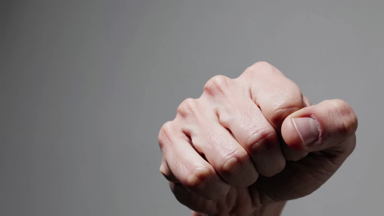 Close-up shot of a clenched fist against a gray background, angled slightly from below