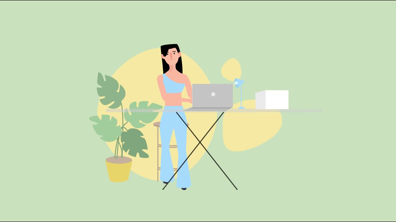 Workers at a teleworking at home, 2d animation