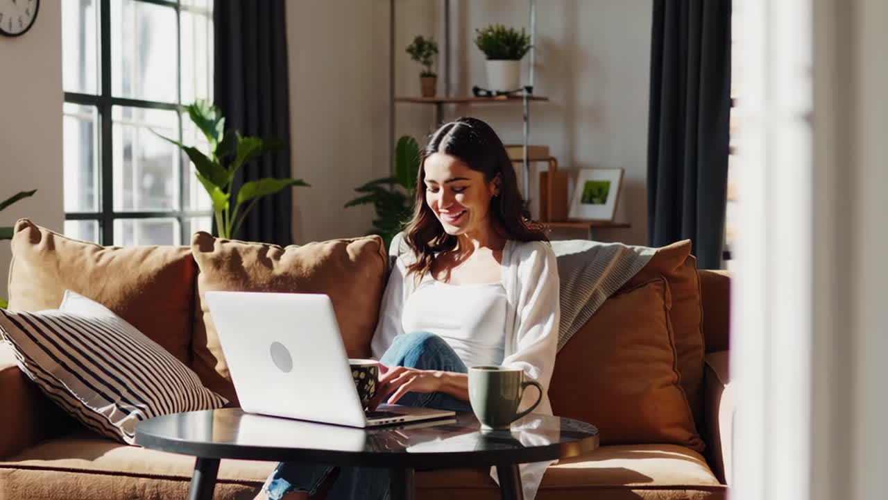 Young Woman Relaxing and Working on Laptop While Drinking Coffee at Home