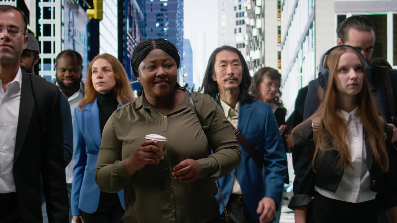 Multiethnic crowd of people walking outdoors in the business district