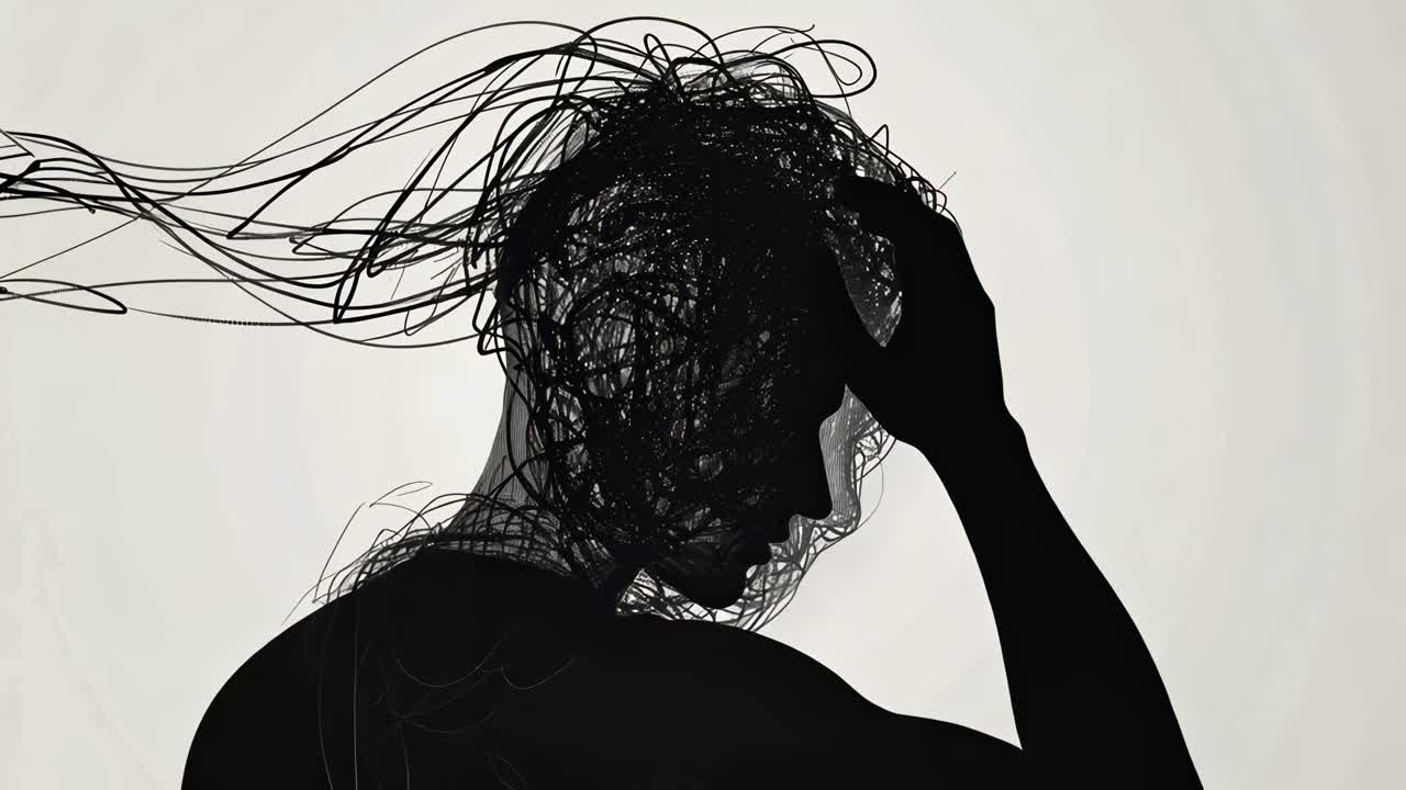 Abstract video art of a silhouette with swirling lines forming a head, side profile