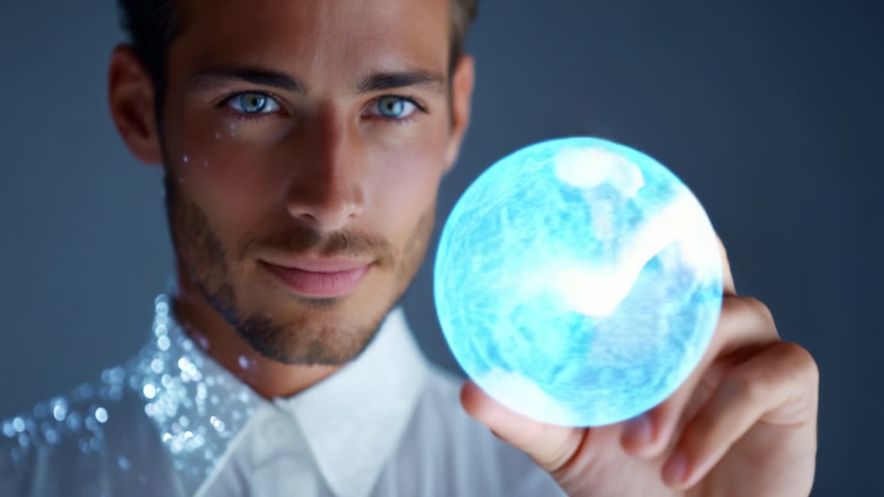 Un affascinante giovane uomo tiene in mano una sfera luminosa piena di energia elettrica, mostrando un ipnotico spettacolo di luce e innovazione in uno straordinario incontro visivo.