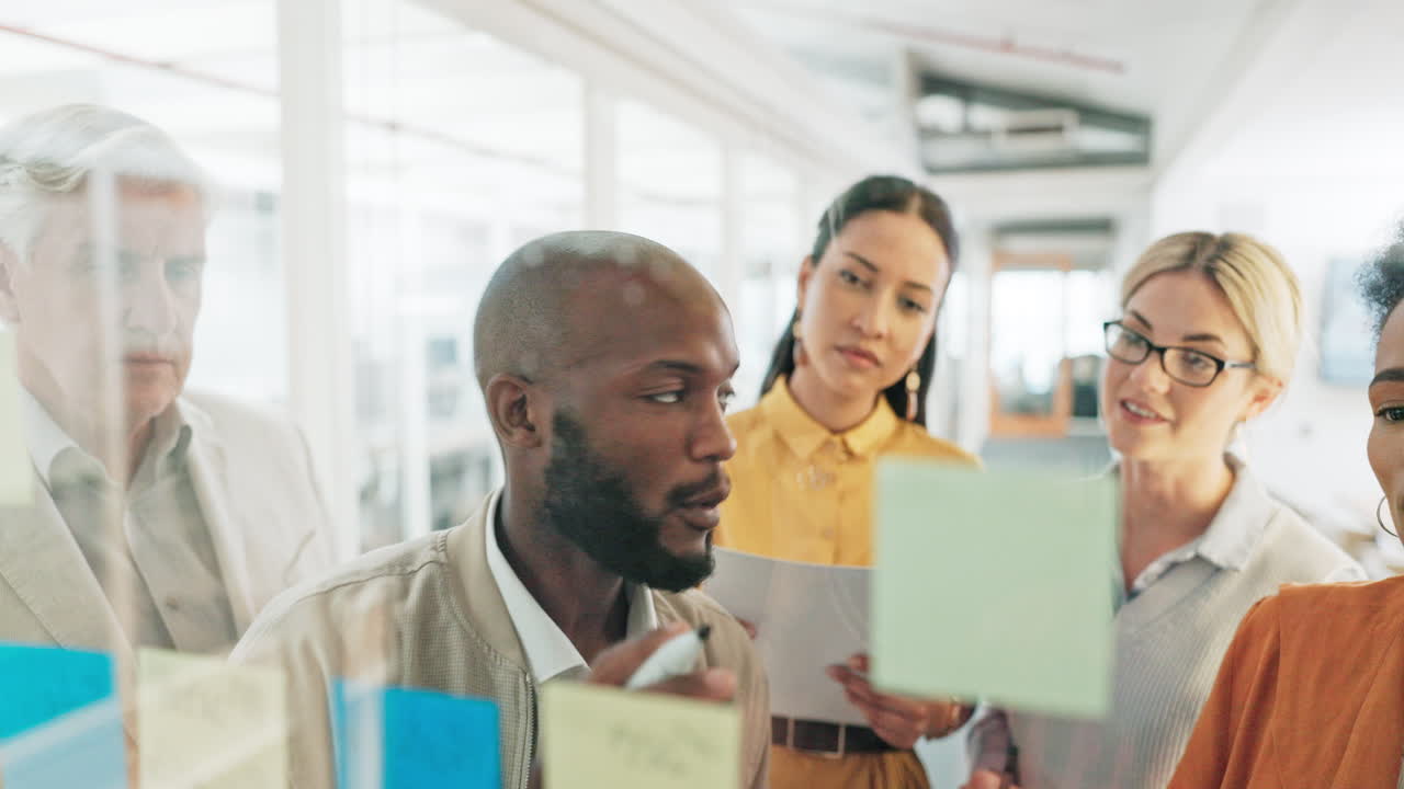 Meeting, glass and sticky notes with a business