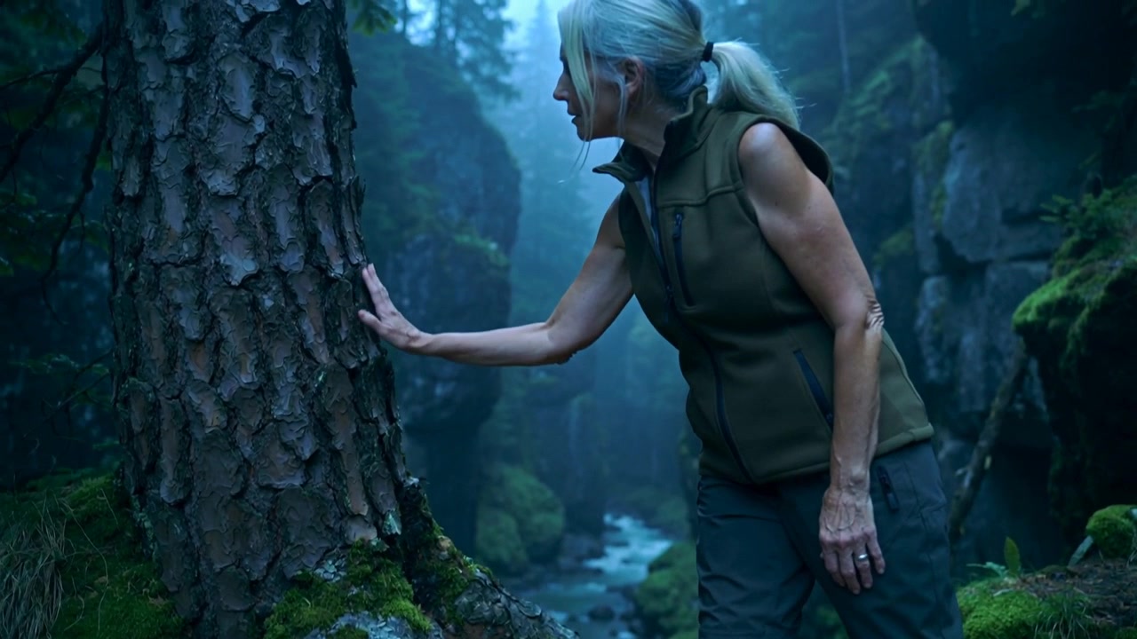 Von rechts kommend berührt eine Wanderin in olivfarbener Weste einen moosigen Baumstamm am Rande einer Waldschlucht, um das Gleichgewicht zu halten.