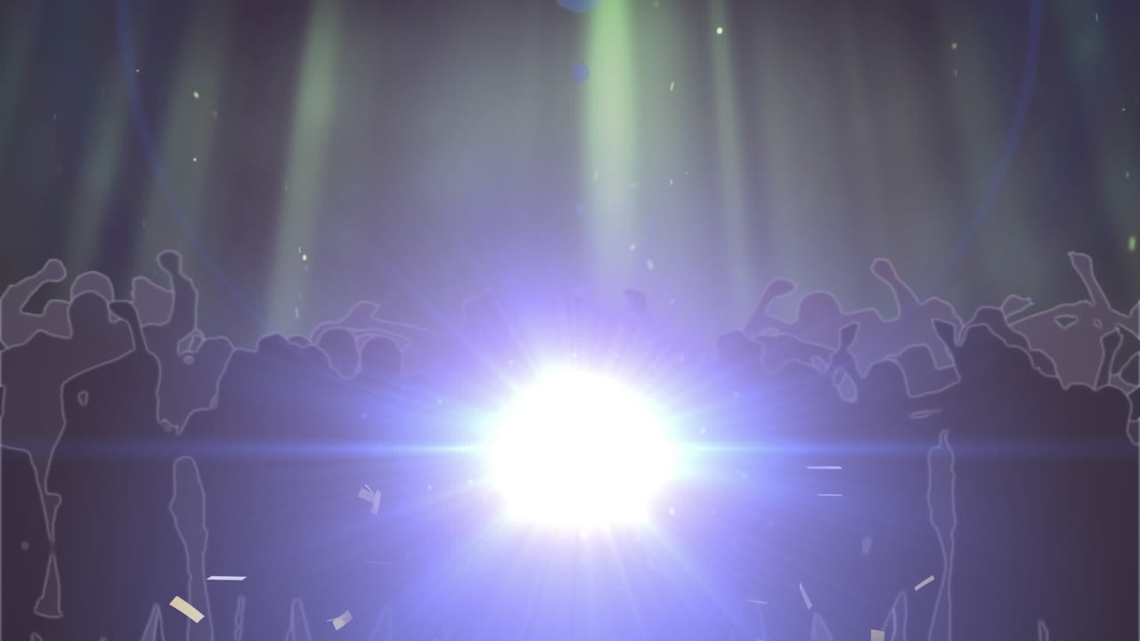 움직이는 빛과 녹색 스포트라이트로 춤추는 군중 위에 떨어지는 금색 콘페티의 애니메이션