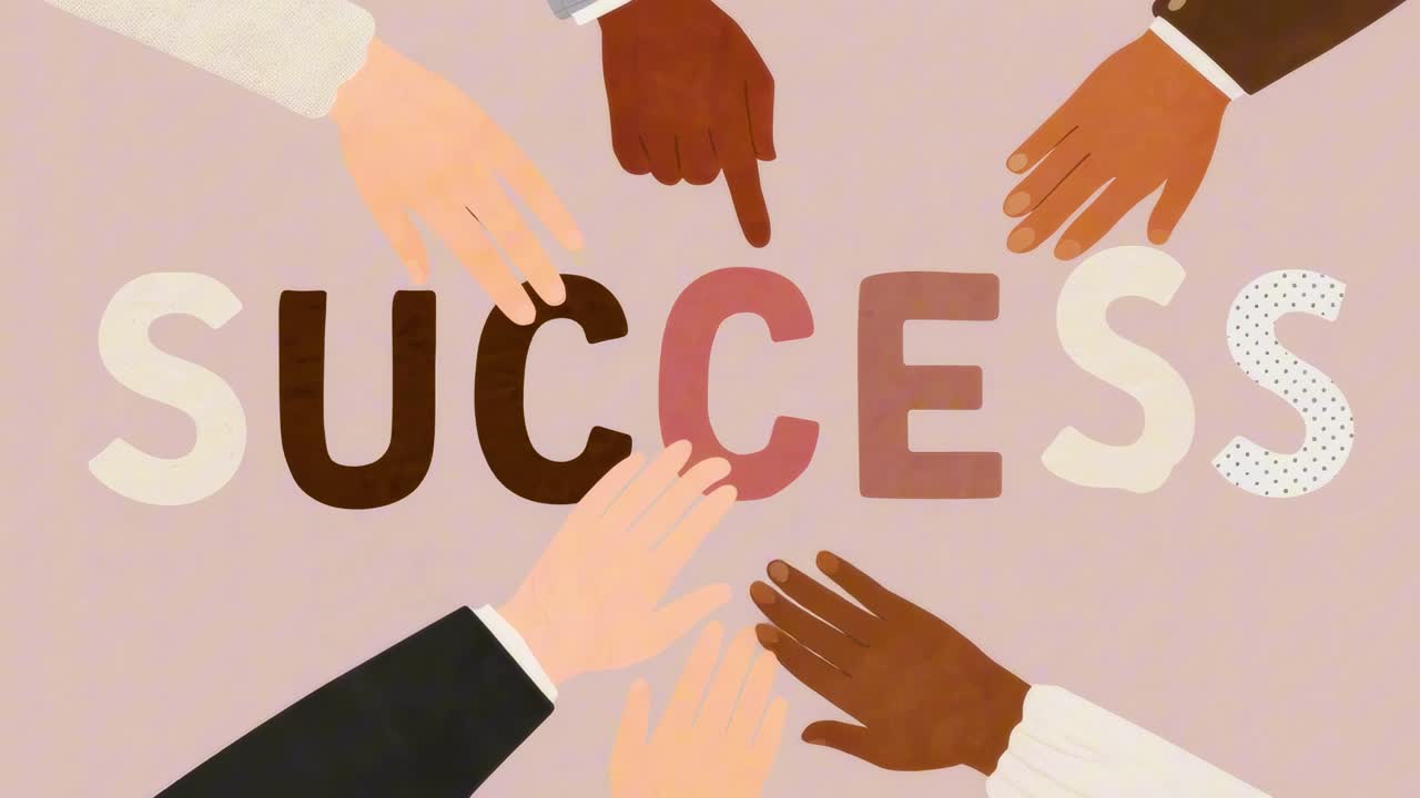 Top-down view of diverse hands reaching towards the word 'SUCCESS' on a pastel background