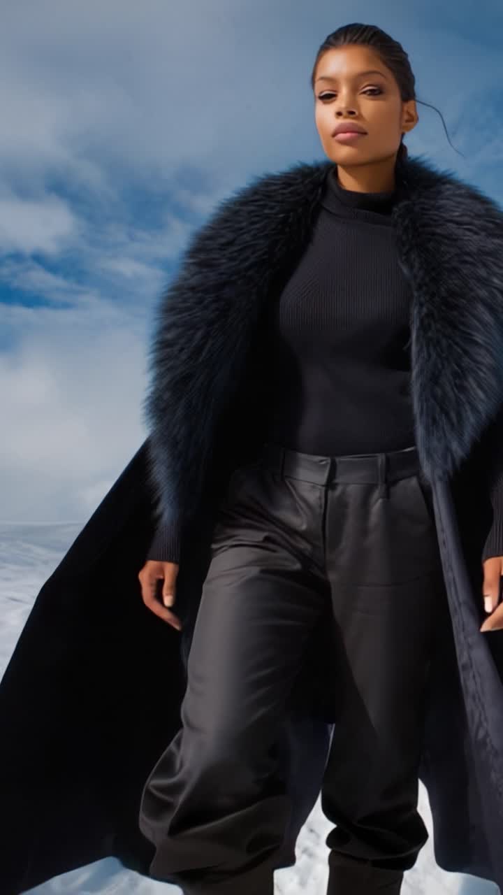 Elegante Modella in Lussuosa Pelliccia e Pantaloni Neri che Cammina con Sicurezza su un Paesaggio Innevato con Cieli Blu Limpidi sullo Sfondo.