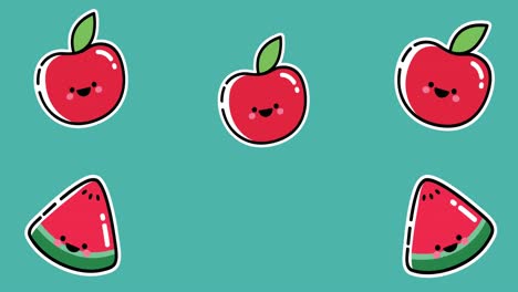 Animation-of-smiling-red-apples-and-watermelon-slices-moving-upwards-on-blue-background