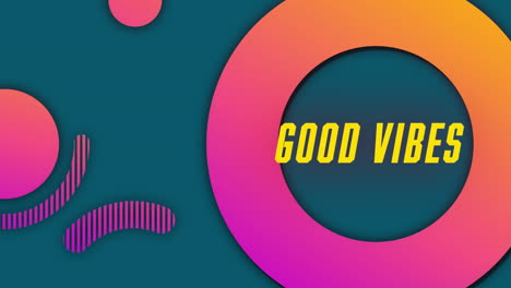 animación de texto de buenas vibraciones sobre círculos en rosa y naranja sobre fondo azulado