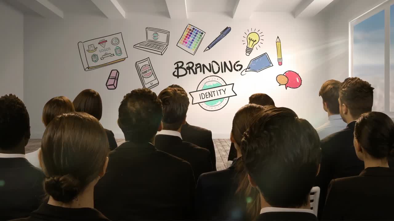 gente de negocios mirando la pantalla digital que muestra la marca