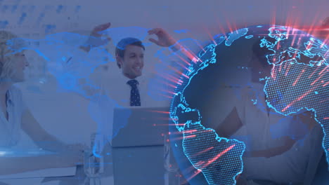 animation of globe with light beams rotating over caucasian colleagues discussing in meeting room