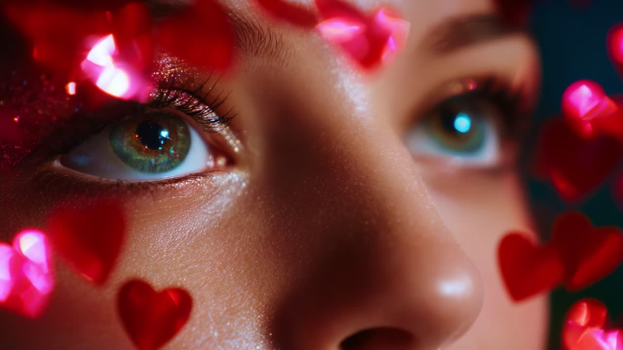 A close-up visual of a woman's face, accentuated by sparkling hearts and shimmering makeup, capturing the essence of love, romance, and beauty through expressive eyes and vibrant colors