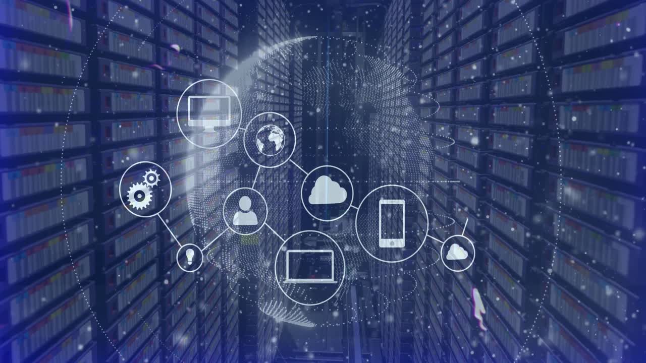 Animation of data processing and globe with icons over server room