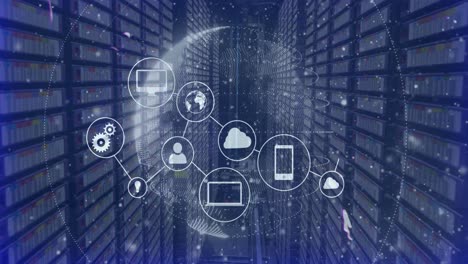 animation of data processing and globe with icons over server room