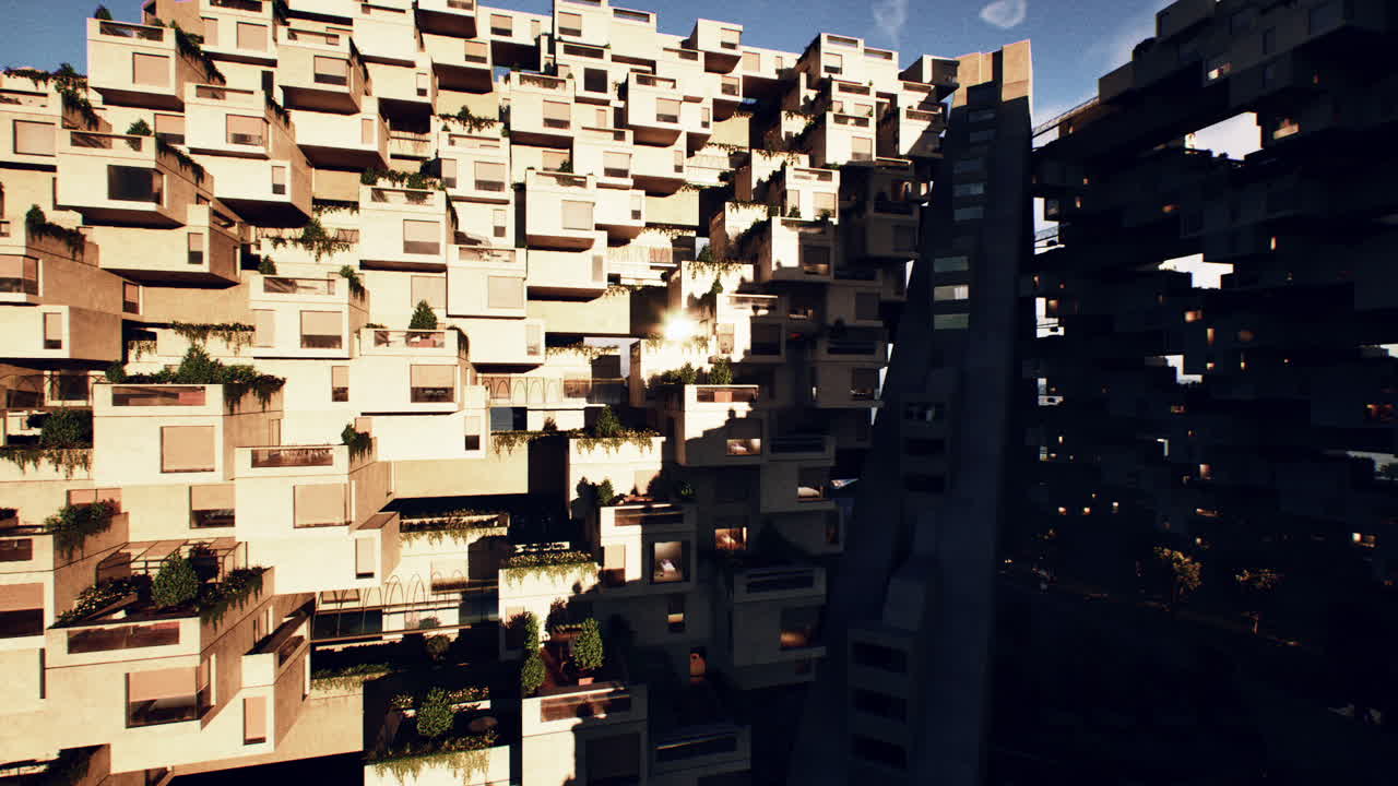 Modern architectural structure with greenery in urban setting at sunset