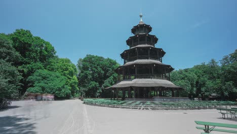 Timelapse-of-Chinese-Tower-in-Munich---Chinesischen-Turm-München,-English-Garden,-Motionlapse-of-people-passing-by-Chinesischer-Turm-in-Englischer-Garten,-Munich