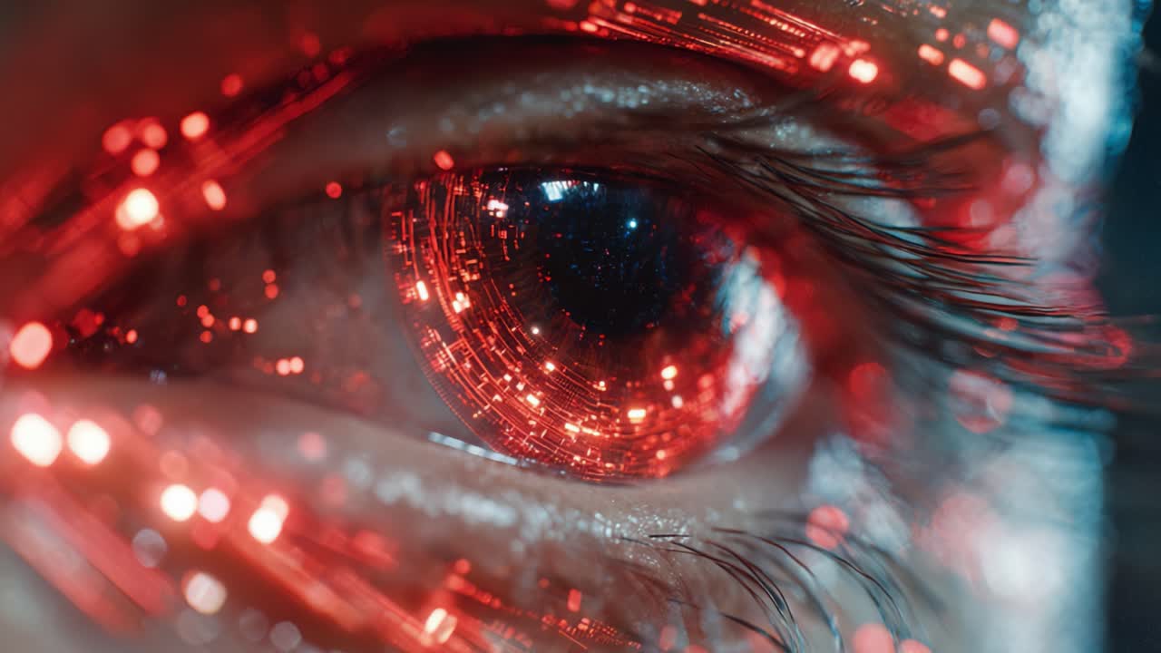 Extreme close up of a human eye with a red digital interface, showing data processing and artificial intelligence concepts representing future technology, biometrics, and augmented reality