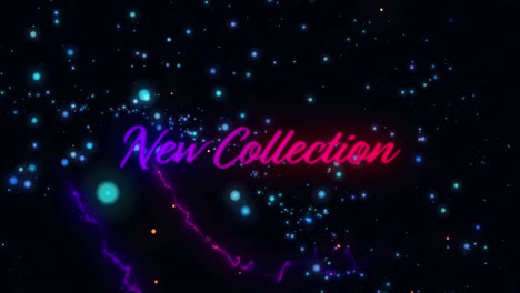 Animation-of-new-collection-in-purple-and-pink-text-with-trails-over-glowing-blue-stars-on-black