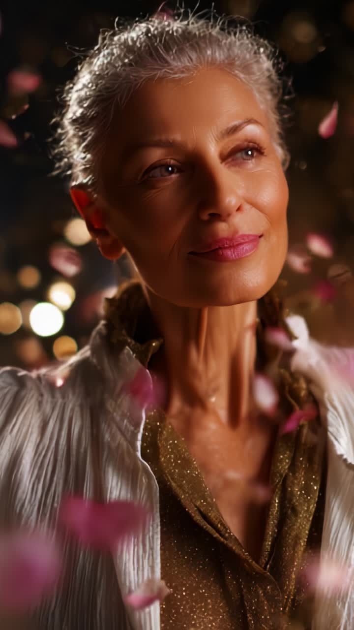 Un elegante ritratto di una donna raffinata tra petali fluttuanti, che cattura l'essenza della bellezza e della gioia in un'atmosfera onirica di luce soffusa.